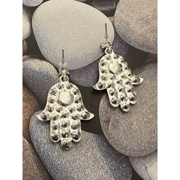 Evil Eye Silver Tone Crystal Dangle Earrings - Picture 3 of 3